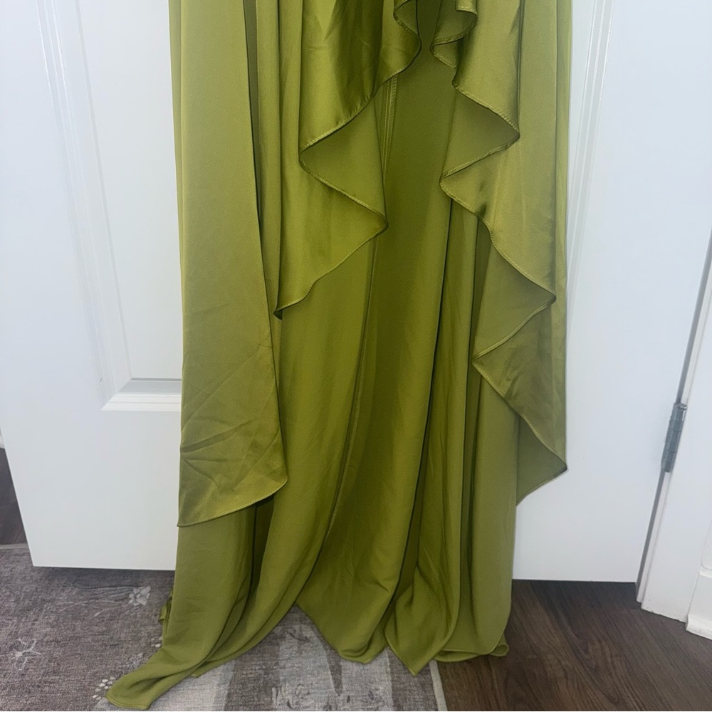 Ieena for Mac Duggal One Shoulder A-Line Long Sleeve High Chartreuse Satin Dress - Picture 8 of 15